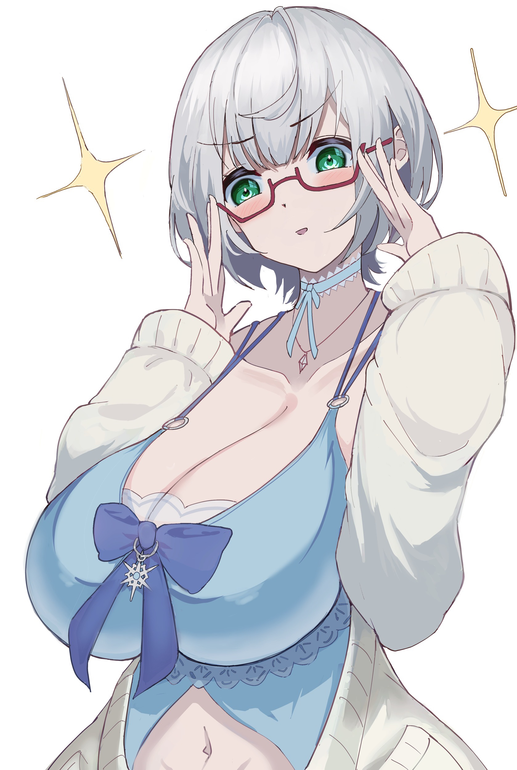 aoi yoru, shirogane noel, shirogane noel (9th costume), hololive, absurdres, highres, 1girl, adjusting eyewear, babydoll, blue babydoll, blue bow, blush, bow, bow babydoll, breasts, cardigan, cleavage, collarbone, glasses, green eyes, grey hair, hands up, huge breasts, jewelry, long sleeves, looking at viewer, navel, neck ribbon, necklace, o-ring, open cardigan, open clothes, open mouth, ribbon, short hair, simple background, solo, upper body, v-shaped eyebrows, virtual youtuber, white background, white cardigan, white hair