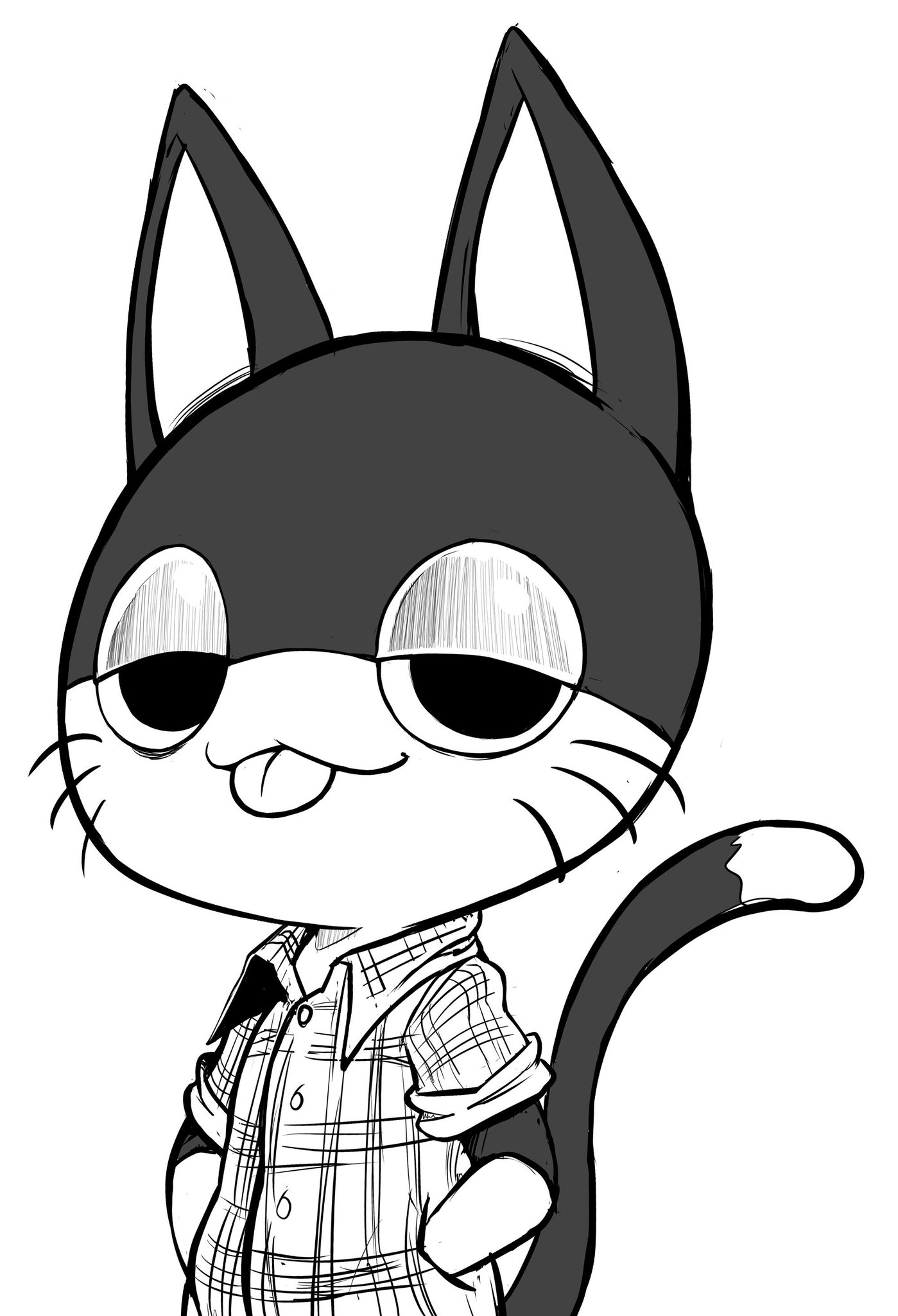 teevo, punchy (animal crossing), animal crossing, nintendo, highres, 1boy, animal ears, cat boy, cat ears, cat tail, half-closed eyes, hands in pockets, looking at viewer, sketch, tail, tongue, tongue out, whiskers