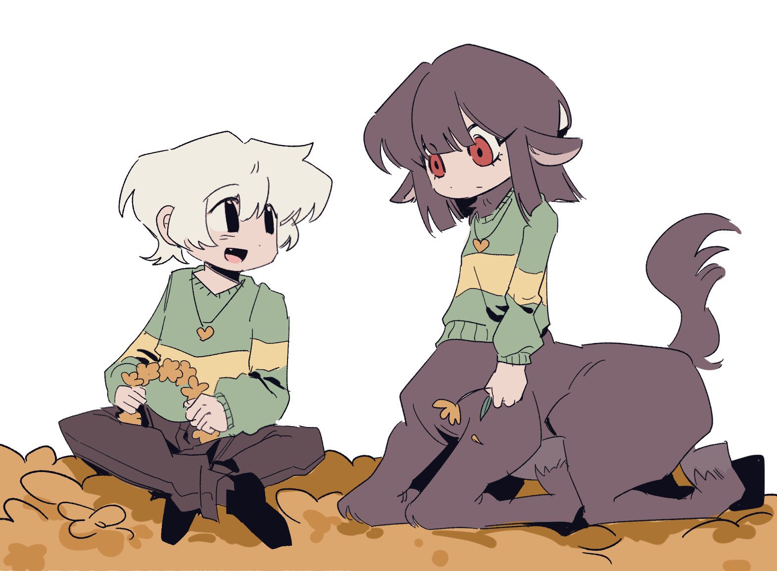 asriel dreemurr, chara (undertale), undertale, utdr (toby fox), animal ears, brown hair, centaur, head wreath, horse ears, jewelry, necklace, red eyes, s4ngd, sitting, striped clothes, taur, white hair