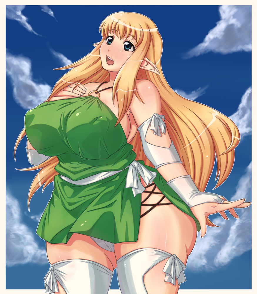 yoohi, tiffania westwood, zero no tsukaima, bad id, bad pixiv id, 00s, 1girl, blonde hair, blue eyes, breasts, covered erect nipples, elf, female focus, halterneck, huge breasts, panties, pantyshot, plump, pointy ears, solo, thighhighs, underwear, upskirt, white panties, white thighhighs