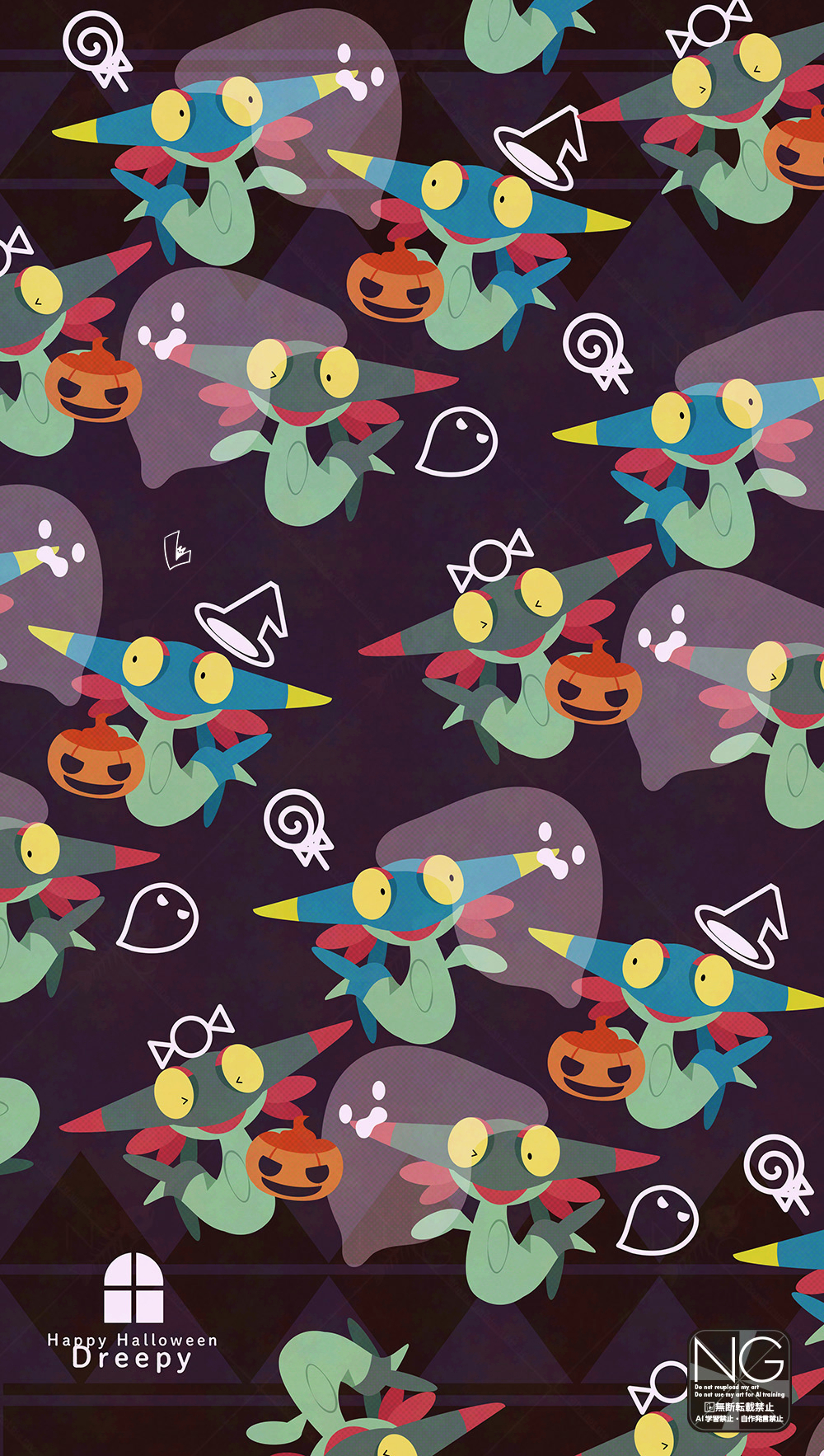 meme (sleepsheep), dreepy, nintendo, pokemon, highres, > <, alternate color, candy, colored sclera, food, gen 8 pokemon, ghost, halloween bucket, hat, lollipop, no humans, one eye closed, open mouth, pokemon (creature), pokemon focus, reflection, shiny pokemon, smile, swirl lollipop, witch hat, yellow eyes
