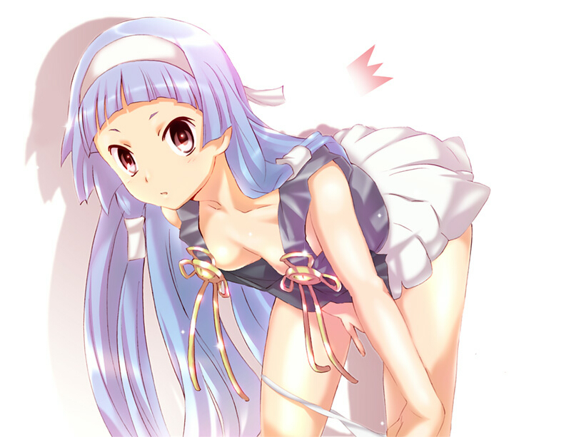 jet yowatari, nagi, kannagi, 00s, 1girl, bent over, blue hair, blunt bangs, downblouse, female focus, flat chest, hairband, long hair, no bra, panties, panty pull, pleated skirt, purple eyes, skirt, solo, underwear, white panties, white skirt