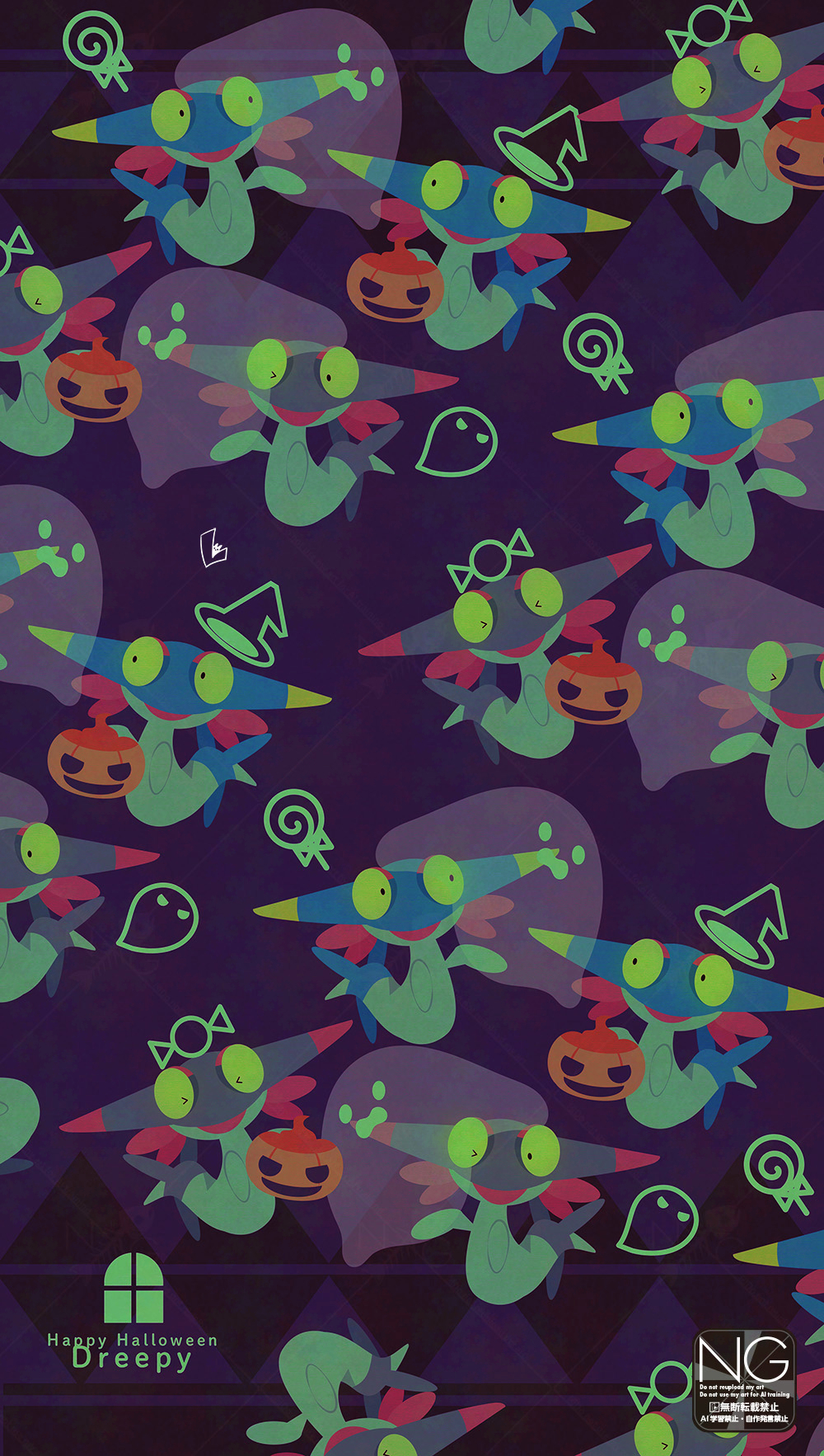 meme (sleepsheep), dreepy, nintendo, pokemon, highres, > <, alternate color, candy, colored sclera, food, gen 8 pokemon, ghost, green eyes, halloween bucket, hat, lollipop, no humans, one eye closed, open mouth, pokemon (creature), pokemon focus, reflection, shiny pokemon, smile, swirl lollipop, witch hat
