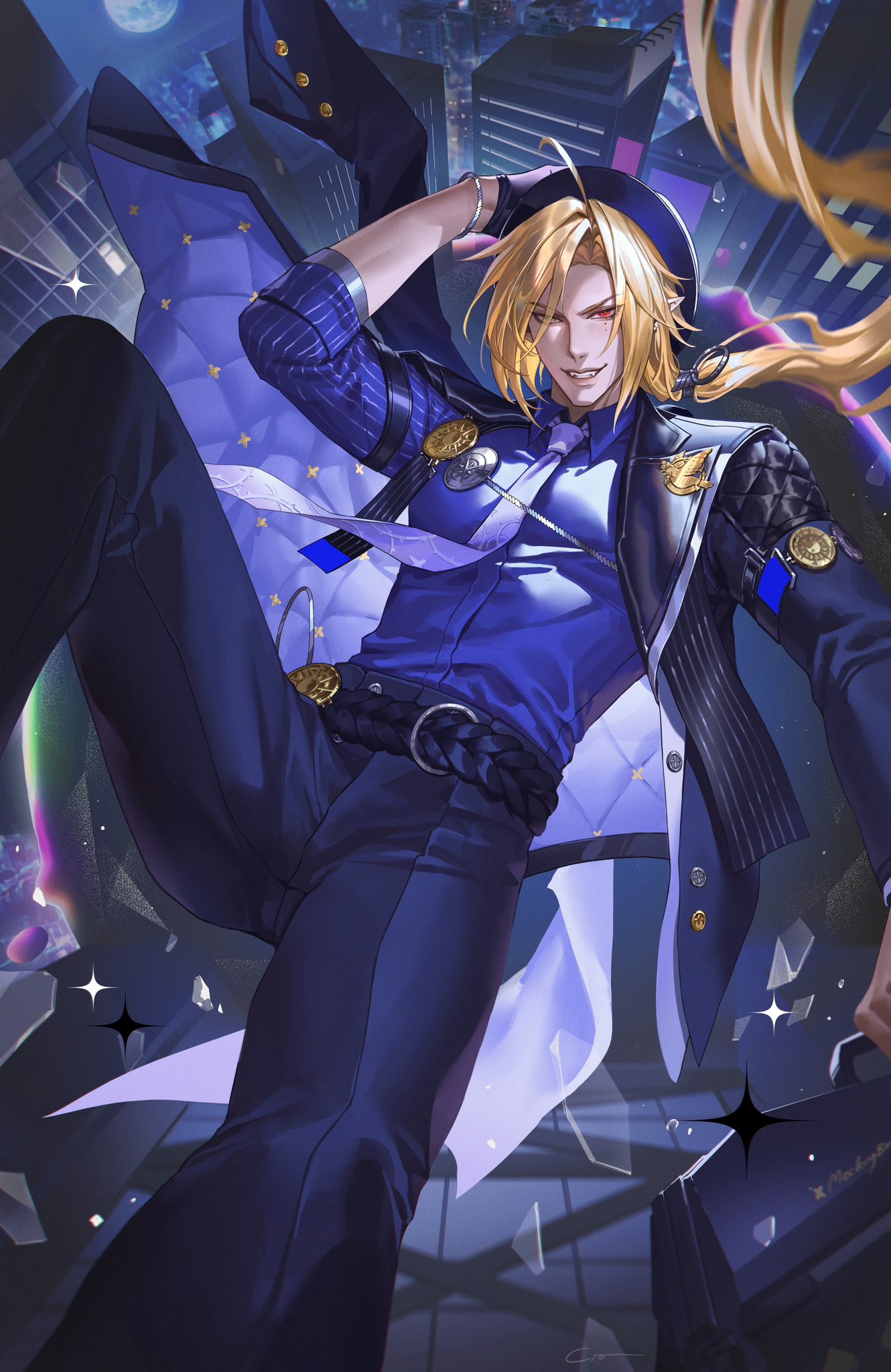 crovius, hugo vlad, zenless zone zero, commentary, english commentary, highres, 1boy, ahoge, arm out of sleeve, black gloves, black hat, black jacket, black pants, blonde hair, bracelet, building, city, collared shirt, earrings, falling, fangs, fedora, floating hair, full moon, glass shards, gloves, grey eyes, grin, hand on headwear, hand up, hat, heterochromia, jacket, jewelry, lapel pin, lapels, long hair, long sleeves, looking at viewer, low ponytail, male focus, mole, mole under eye, moon, necktie, night, night sky, open clothes, open jacket, outdoors, pants, parted bangs, pointy ears, ponytail, purple necktie, purple shirt, red eyes, shards, shirt, shirt tucked in, sidelocks, single glove, sky, skyscraper, smile, solo, sparkle, teeth, v-shaped eyebrows, very long hair
