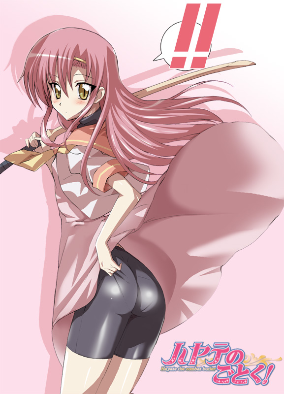 jet yowatari, katsura hinagiku, hayate no gotoku!, bad id, bad pixiv id, !, !!, 00s, 1girl, ass, bike shorts, bokken, clothes lift, female focus, hairband, long hair, over shoulder, pantylines, pink hair, school uniform, skirt, skirt lift, solo, sword, sword over shoulder, weapon, weapon over shoulder, wind, wind lift, wooden sword, yellow eyes