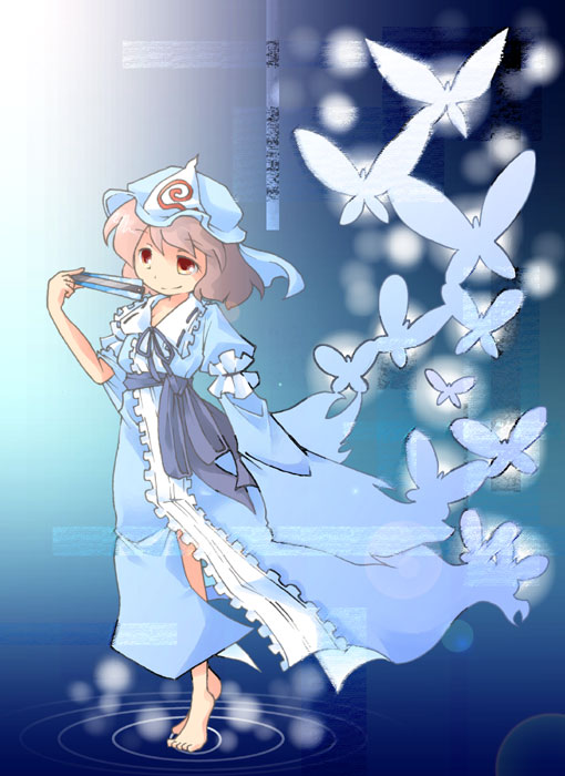 ara ta, harada (sansei rain), saigyouji yuyuko, touhou, bad id, bad pixiv id, 1girl, barefoot, bug, butterfly, feet, female focus, hat, insect, pink hair, red eyes, short hair, solo
