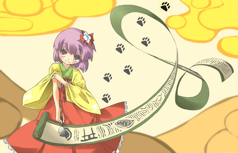 ara ta, harada (sansei rain), hieda no akyuu, touhou, bad id, bad pixiv id, 1girl, female focus, flower, purple eyes, purple hair, scroll, short hair, solo