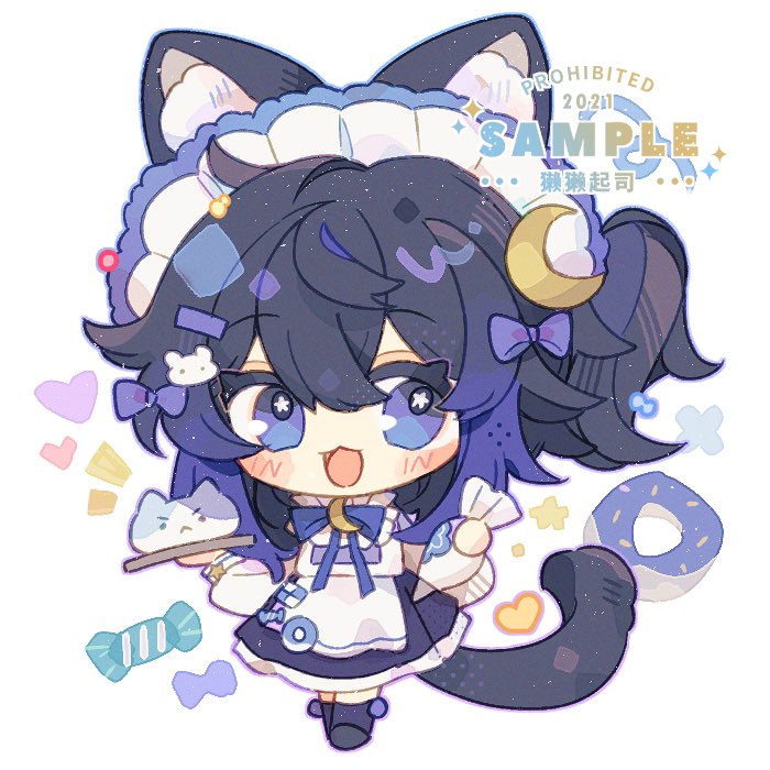 mirta, original, commentary, commission, english commentary, 1girl, :3, :d, animal ears, apron, black dress, black hair, blue eyes, blush stickers, bow, candy, cat ears, cat girl, cat tail, chibi, chibi only, crescent, crescent hair ornament, double-parted bangs, dress, food, frilled dress, frills, full body, hair between eyes, hair bow, hair ornament, looking at viewer, maid, maid headdress, multicolored hair, one side up, open mouth, purple bow, purple hair, short hair, simple background, smile, solo, standing, tail, two-tone hair, white apron, white background, wrapped candy