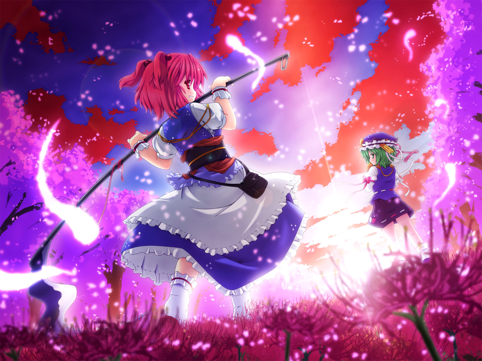 etogami kazuya, onozuka komachi, shiki eiki, touhou, highres, 2girls, cherry blossoms, cloud, female focus, flower, ghost, green eyes, hitodama, multiple girls, outdoors, plant, red eyes, red flower, rod of remorse, sky, spider lily, standing
