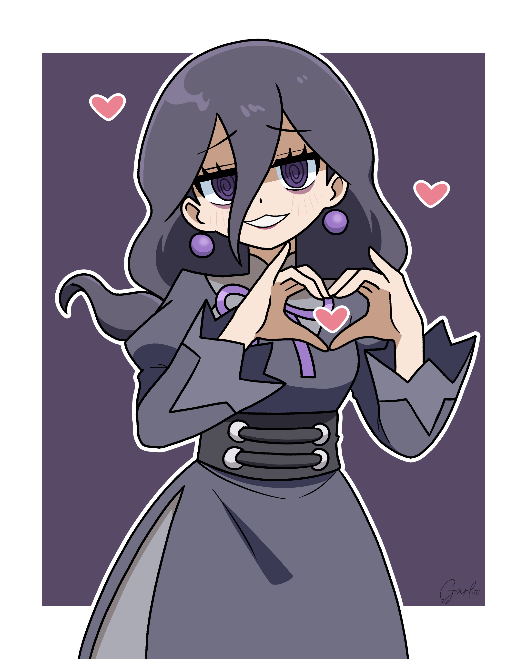 garloo, hex maniac (pokemon), nintendo, pokemon, pokemon legends: z-a, absurdres, commentary request, highres, 1girl, @ @, bags under eyes, black hair, dress, earrings, eyelashes, grin, hair between eyes, hands up, happy, heart, heart hands, jewelry, long bangs, long hair, long sleeves, looking at viewer, outline, raised inner eyebrows, smile, solo, teeth