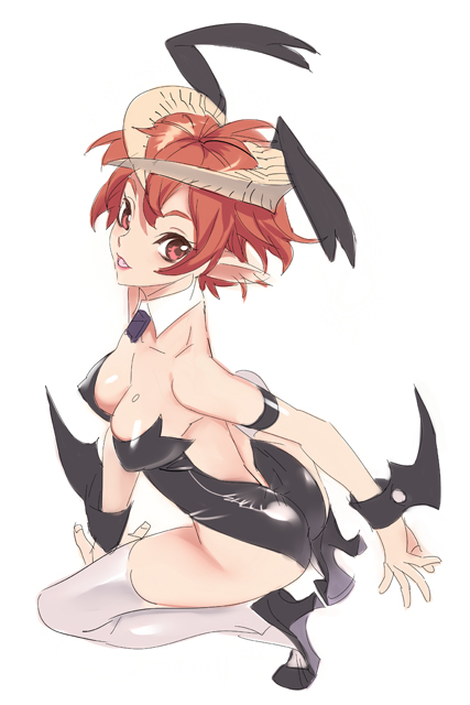 nishieda, original, bad id, bad pixiv id, 1girl, breasts, cleavage, elf, female focus, full body, high heels, horns, medium breasts, pointy ears, red eyes, red hair, shoes, short hair, simple background, solo, squatting, thighhighs, white thighhighs