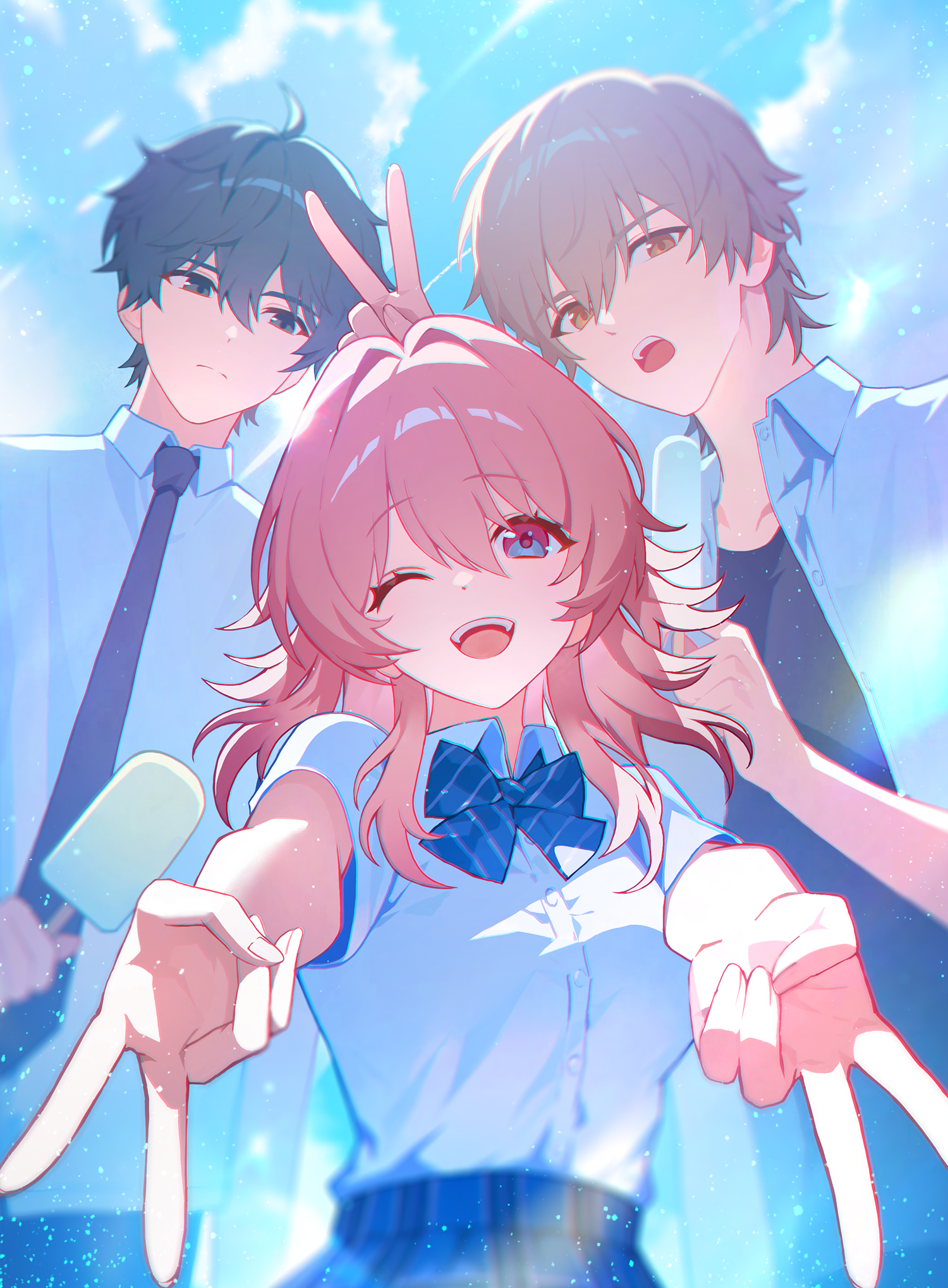 woodsage88, caelus (honkai: star rail), dan heng (honkai: star rail), dan heng (hunt) (honkai: star rail), march 7th (honkai: star rail), trailblazer (honkai: star rail), honkai: star rail, honkai (series), commentary, english commentary, highres, 1girl, 2boys, ahoge, black hair, bow, cloud, cloudy sky, food, green eyes, grey hair, hair between eyes, hair intakes, ice cream, medium hair, multicolored eyes, multiple boys, necktie, one eye closed, pink hair, popsicle, school uniform, shirt, short hair, sky, teeth, two-tone eyes, undershirt, upper teeth only, v, yellow eyes