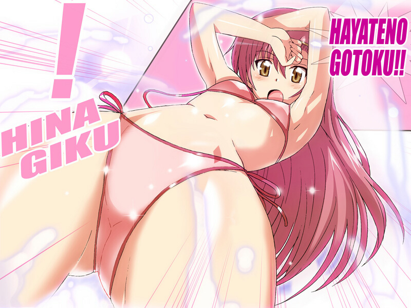 jet yowatari, katsura hinagiku, hayate no gotoku!, 00s, 1girl, armpits, arms up, bikini, female focus, flat chest, from below, hairband, navel, pink bikini, pink hair, side-tie bikini bottom, solo, swimsuit, yellow eyes