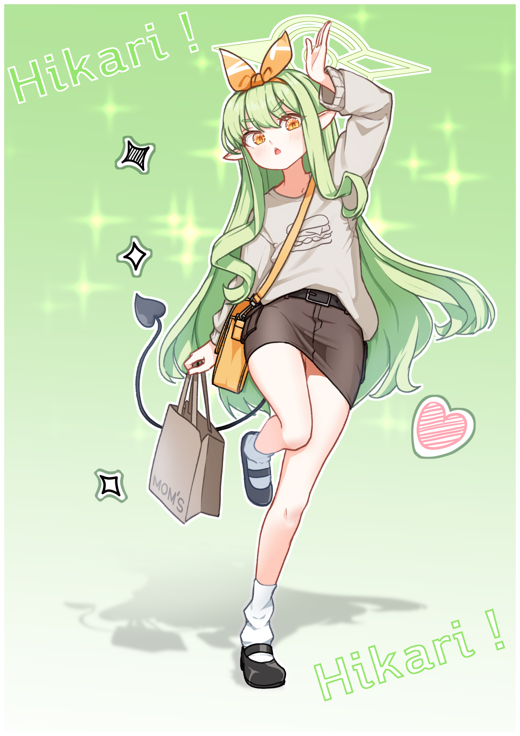 jonasmk, hikari (blue archive), hikari (mom's touch) (blue archive), blue archive, highres, 1girl, alternate costume, bag, bare legs, black skirt, blush, casual, character name, demon girl, demon tail, full body, green hair, hair between eyes, long hair, long sleeves, miniskirt, orange eyes, shirt, shopping bag, skirt, solo, standing, standing on one leg, tail, very long hair