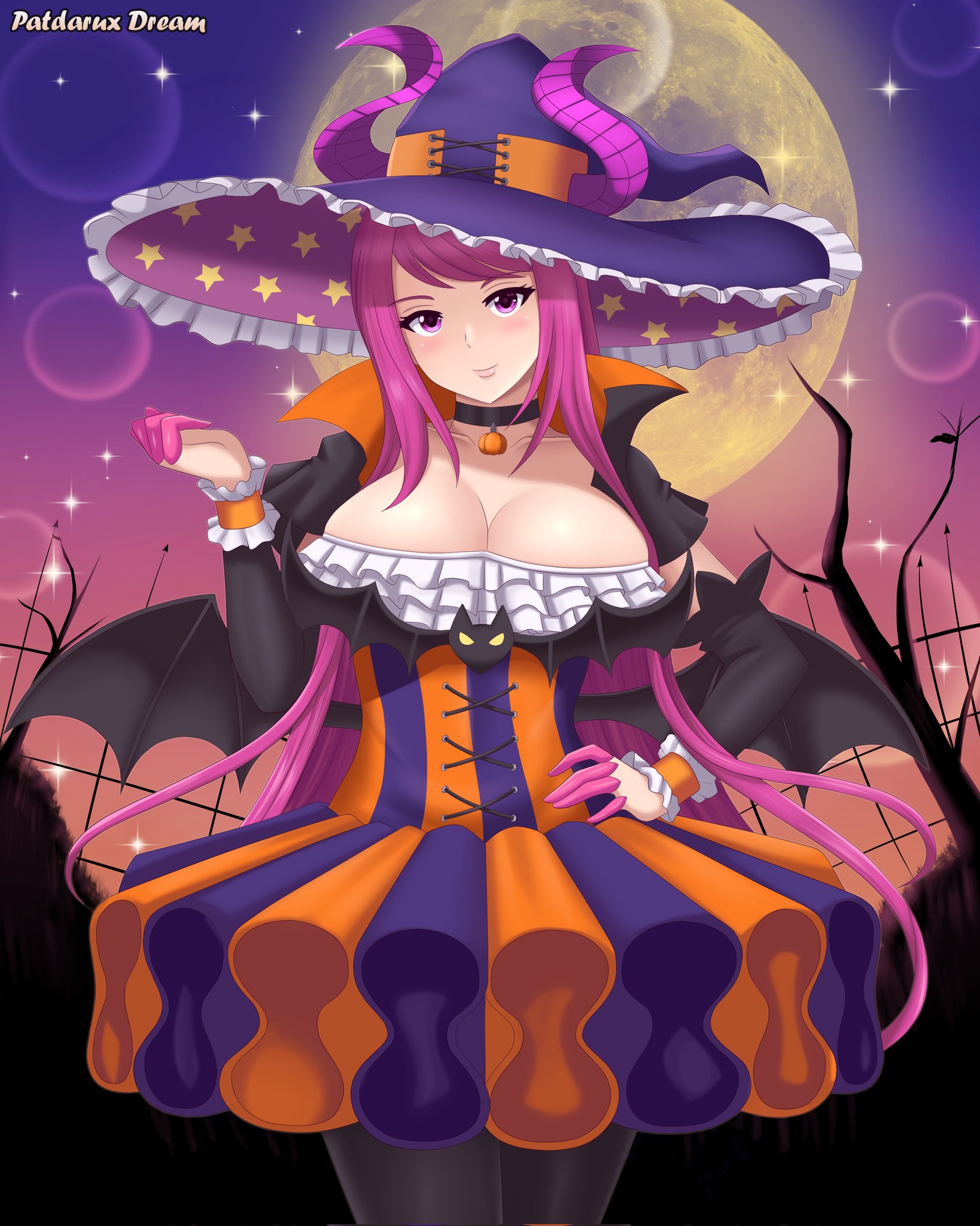 patdarux, ivy (fire emblem), fire emblem, fire emblem engage, nintendo, highres, 1girl, alternate costume, bat wings, black choker, black pantyhose, black sleeves, black wings, blush, breasts, choker, cleavage, closed mouth, dress, full moon, halloween costume, hat, horned hat, large breasts, long hair, long sleeves, looking at viewer, moon, multicolored dress, outdoors, pantyhose, popped collar, purple eyes, purple hair, smile, solo, star (symbol), very long hair, wings, witch hat