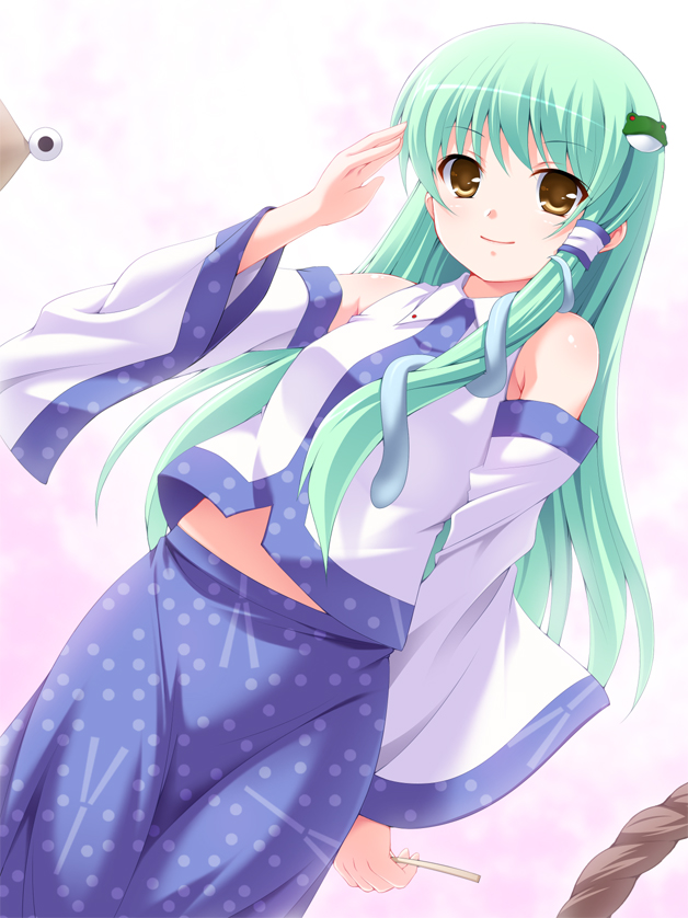 gotou jin, kochiya sanae, moriya suwako, touhou, 1girl, brown eyes, detached sleeves, female focus, green hair, solo