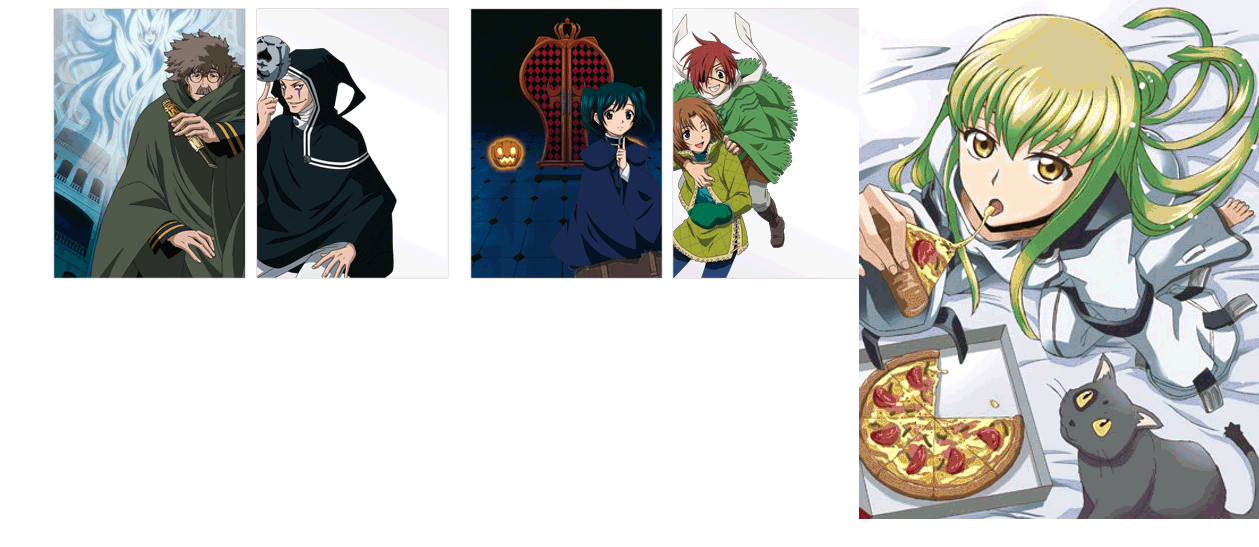 allen walker, arthur (code geass), c.c., lenalee lee, code geass, d.gray-man, 00s, 2girls, 4boys, ;d, barefoot, bed sheet, black cat, black hair, boots, brown hair, cat, cloak, dutch angle, eating, eyepatch, facial hair, facial mark, food, foreshortening, fringe trim, from above, glasses, green hair, grey hair, grin, holding, hood, index finger raised, jack-o'-lantern, long hair, looking at viewer, mittens, multiple boys, multiple girls, mustache, on bed, one eye closed, open mouth, pizza, pizza box, red hair, robe, scarf, sitting, smile, straitjacket, tongue, tongue out, twintails, very long hair, wariza, yellow eyes