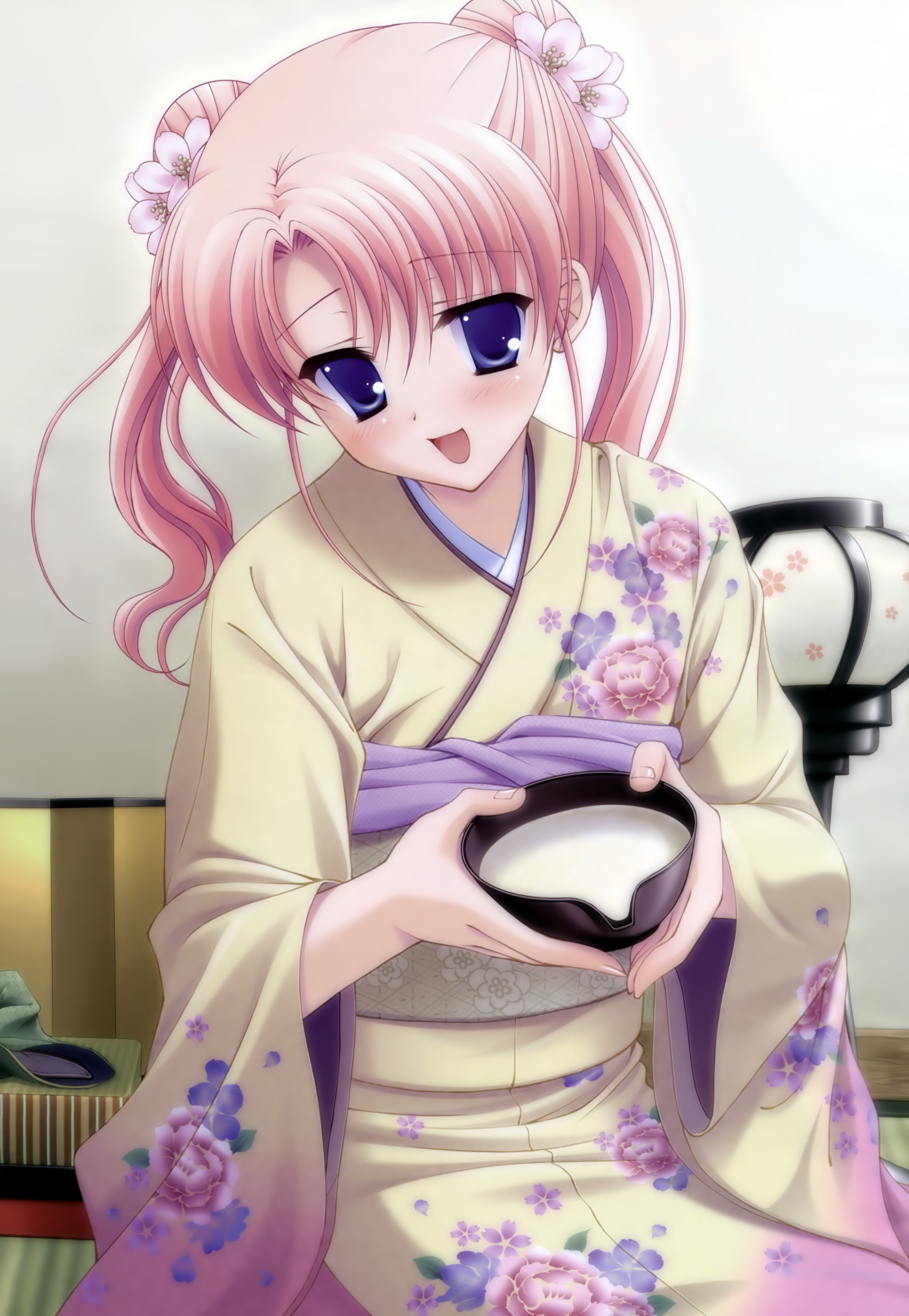 tanihara natsuki, asato rina, canvas (cocktail soft), canvas 3, absurdres, highres, 1girl, :d, blush, double bun, female focus, fingernails, floral print, flower, hair bun, hair flower, hair ornament, holding, indoors, japanese clothes, kimono, long sleeves, looking at viewer, obi, open mouth, parted bangs, pink hair, purple eyes, sash, smile, solo, twintails, wavy hair, wide sleeves