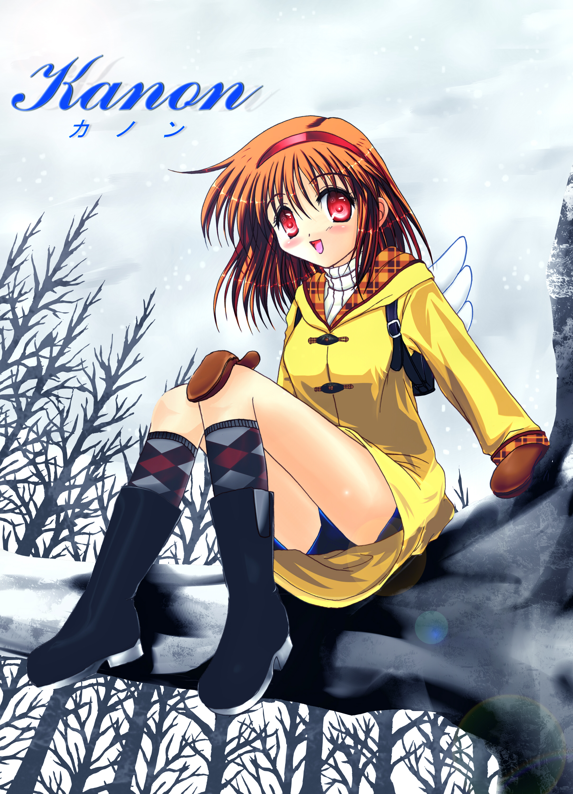 do-chi, tsukimiya ayu, kanon, absurdres, highres, 1girl, backpack, bag, boots, brown hair, female focus, hairband, in tree, mittens, randoseru, red eyes, short hair, solo, tree, wings