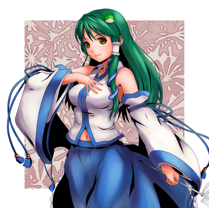 namine0079, kochiya sanae, touhou, 1girl, detached sleeves, female focus, green hair, hair ornament, hair tubes, hand on own chest, japanese clothes, long hair, miko, navel, skirt, snake, solo, tassel, yellow eyes
