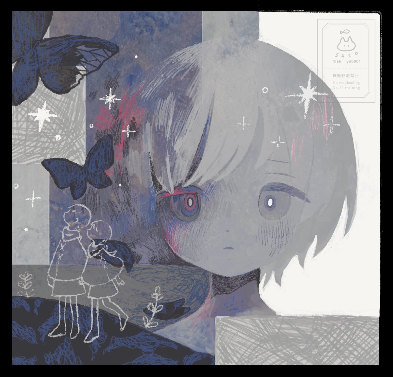 sk yn0901, original, highres, 2boys, black border, border, bug, butterfly, closed mouth, eyelashes, grey eyes, grey hair, insect, looking at viewer, looking up, multiple boys, portrait, scarf, short hair, shorts, solo focus, walking, watermark