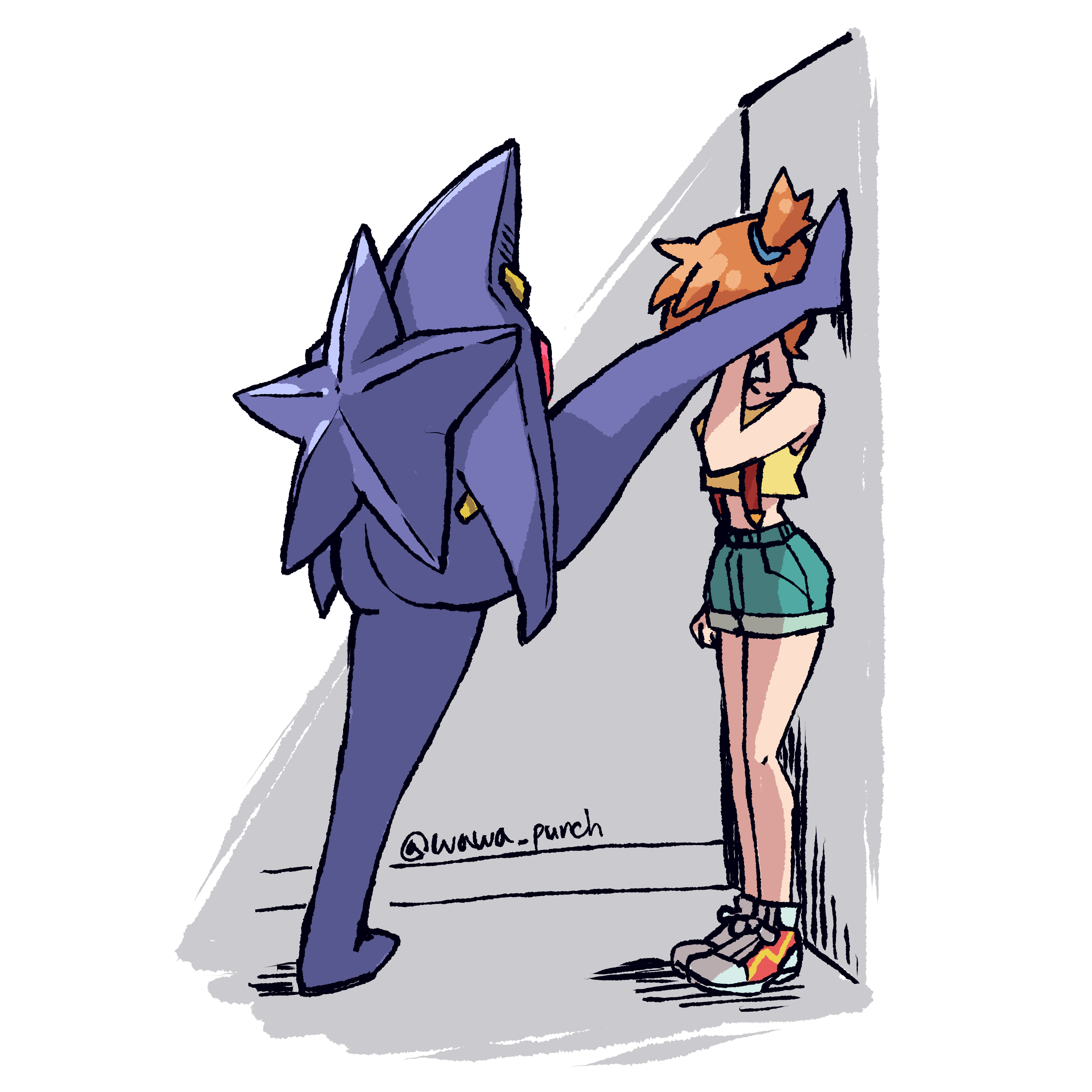 mega starmie, misty (pokemon), starmie, nintendo, pokemon, pokemon (anime), pokemon (classic anime), absurdres, commentary request, highres, korean commentary, 1girl, arm at side, foot kabedon, from side, gen 1 pokemon, green shorts, hand up, kabedon, knees, one side up, orange hair, pokemon (creature), shirt, shoes, short hair, shorts, sleeveless, sleeveless shirt, standing, suspenders, twitter username, wawa punch, yellow shirt