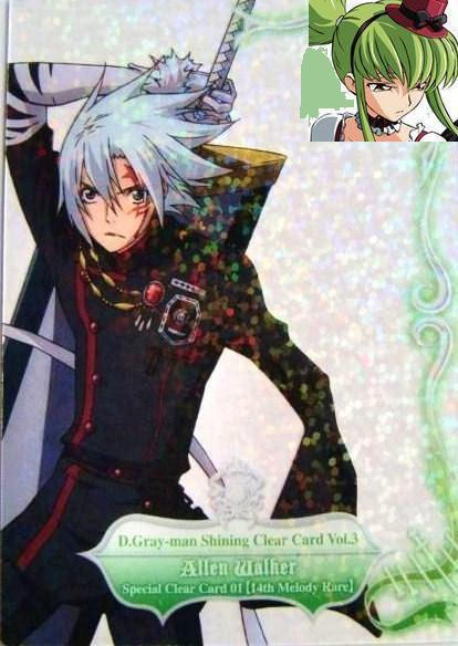 allen walker, c.c., code geass, d.gray-man, 00s, 1boy, 1girl, green hair, sword, weapon, white hair