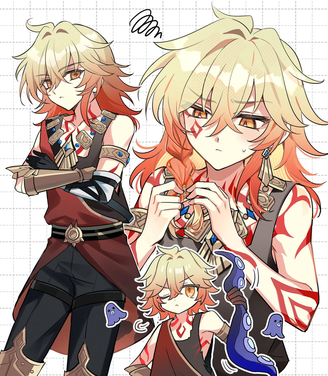 mydei (a trail of bygone blood) (honkai: star rail), mydei (honkai: star rail), honkai: star rail, honkai (series), gold armlet, highres, 1boy, 4k10r1, :<, aged down, arm tattoo, armlet, black pants, black shirt, blonde hair, braiding hair, cheek tattoo, chest tattoo, closed mouth, crossed arms, earrings, gauntlets, gold earrings, gold necklace, gradient hair, grid background, hair between eyes, hair intakes, hairdressing, hands in own hair, holding tentacle, jewelry, long hair, looking at viewer, male focus, multicolored hair, multiple views, necklace, one eye closed, orange hair, pants, red shirt, red tattoo, shirt, single gauntlet, squiggle, tattoo, tentacles, white background, yellow eyes