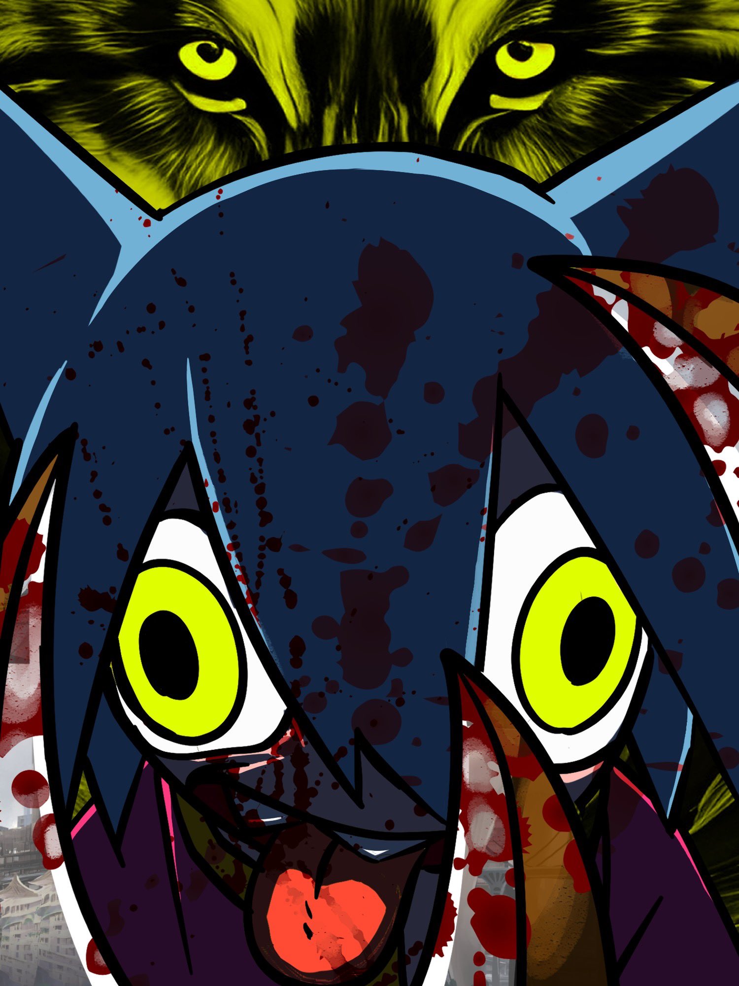 shimatsuku, commentary request, highres, second-party source, 1girl, animal background, animal ears, blood, blood on face, bloody weapon, blue hair, claw (weapon), countdown illustration, crazy, dog ears, dog girl, jouzai (song), looking at viewer, muyangquan (jouzai), open mouth, portrait, sharp teeth, smile, solo, straight-on, teeth, tongue, tongue out, wall-eyed, weapon, wide-eyed, wolf, yellow background, yellow eyes