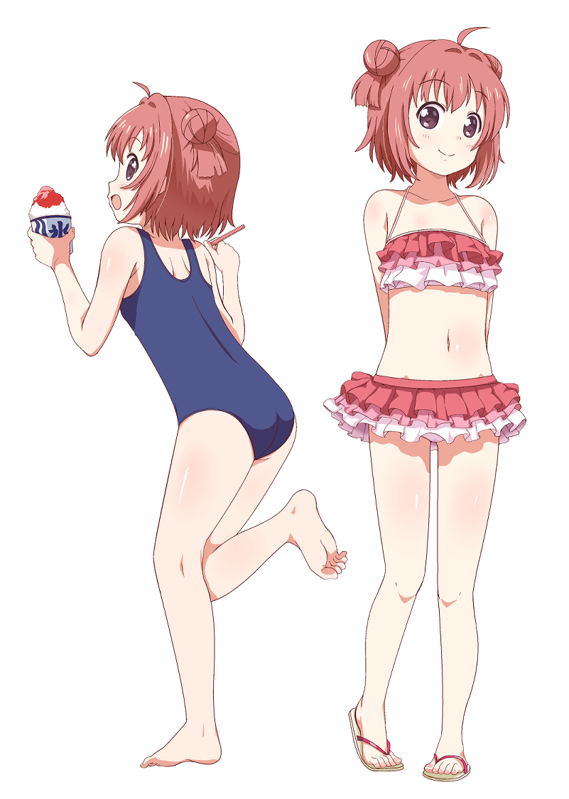 ki (adotadot), akaza akari, yuruyuri, 1girl, arms behind back, ass, barefoot, bikini, bikini skirt, closed mouth, feet, food, frilled bikini, frills, full body, holding, knees, multiple views, navel, open mouth, red bikini, red hair, sandals, school swimsuit, shaved ice, smile, soles, solo, standing, stomach, swimsuit, toes