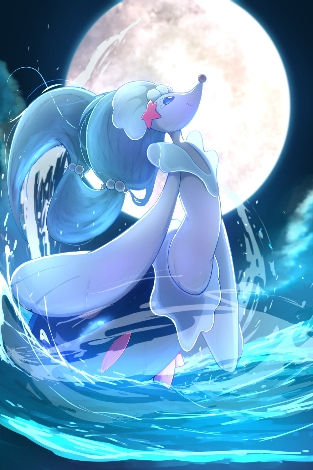 rumine (yoshi1234567), primarina, nintendo, pokemon, commentary request, highres, blue eyes, closed mouth, colored eyelashes, gen 7 pokemon, looking up, moon, night, no humans, outdoors, pokemon (creature), pokemon focus, sky, smile, solo, water, water drop
