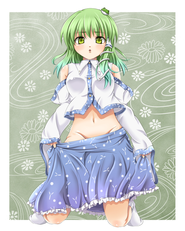 mochi.f, kochiya sanae, touhou, bad id, bad pixiv id, 1girl, breasts, detached sleeves, female focus, frog, green eyes, green hair, groin, hair ornament, large breasts, matching hair/eyes, midriff, no panties, skirt, socks, solo