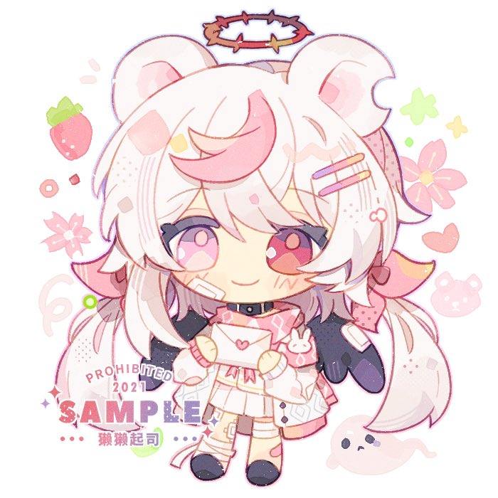 mirta, original, commentary, commission, english commentary, 1girl, animal ears, bandaged leg, bandages, bandaid, bandaid on leg, bear ears, bear girl, black shoes, blush stickers, cardigan, chibi, chibi only, closed mouth, food, fruit, full body, hair ribbon, halo, heterochromia, holding, holding letter, letter, long hair, long sleeves, love letter, low twintails, multicolored hair, open cardigan, open clothes, pink eyes, pink hair, pink ribbon, pink scarf, pleated skirt, red eyes, red halo, ribbon, scarf, shoes, simple background, skirt, smile, solo, standing, strawberry, streaked hair, twintails, watermark, white background, white cardigan, white skirt