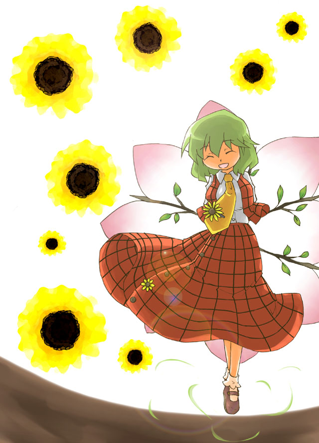 ara ta, harada (sansei rain), kazami yuuka, touhou, bad id, bad pixiv id, 1girl, :d, ascot, closed eyes, female focus, flower, green hair, necktie, open mouth, plaid clothes, plaid skirt, plaid vest, short hair, skirt, skirt set, smile, solo, vest, yellow necktie
