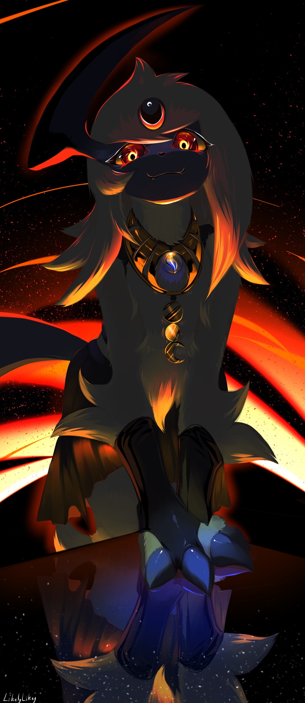 likey, absol, nintendo, pokemon, commentary, highres, claws, closed mouth, fangs, fangs out, gen 3 pokemon, glowing, glowing eyes, jewelry, looking down, no humans, pokemon (creature), pokemon focus, reflection, smile, solo