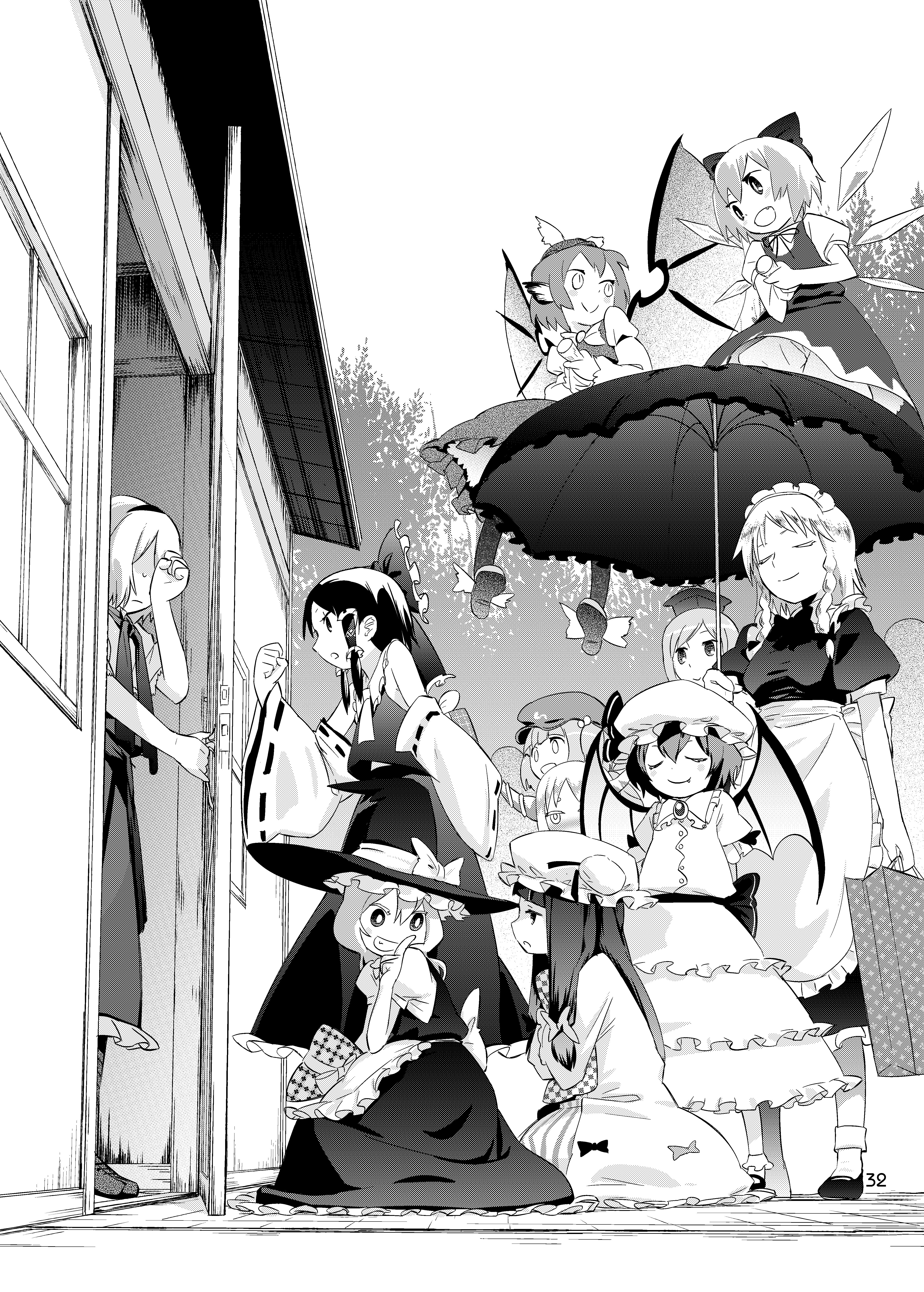 mizu asato, alice margatroid, cirno, hakurei reimu, ibuki suika, izayoi sakuya, kamishirasawa keine, kawashiro nitori, kirisame marisa, mystia lorelei, patchouli knowledge, remilia scarlet, touhou, absurdres, highres, 6+girls, birthday, broken, female focus, greyscale, hat, monochrome, multiple girls, ribbon, umbrella, wiping face