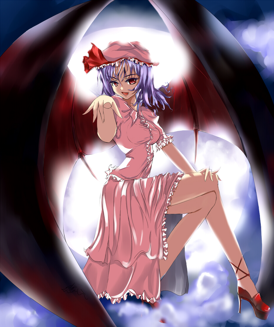 demonk, remilia scarlet, touhou, 1girl, aged up, alternate breast size (larger), blue hair, breasts, crossed legs, dress, female focus, hat, high heels, large breasts, legs, long legs, moon, red eyes, shoes, short hair, sitting, solo, wings