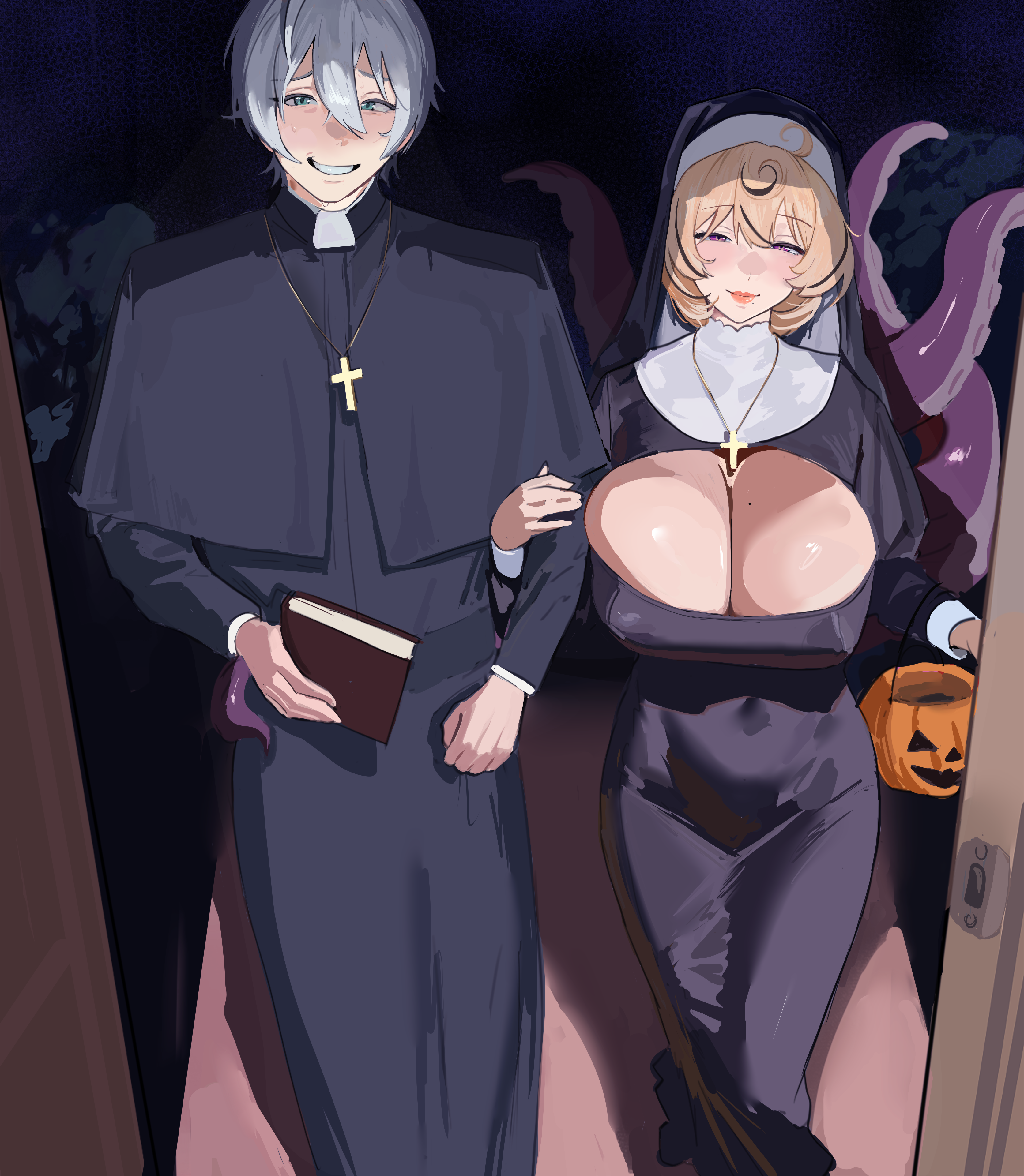 hintobento, wise (zenless zone zero), yidhari murphy, zenless zone zero, absurdres, commentary, english commentary, highres, paid reward available, 1boy, 1girl, black dress, blonde hair, breasts, cleavage, cleavage cutout, clothing cutout, cross, cross necklace, dress, forced smile, grey hair, guimpe, hair between eyes, halloween bucket, halloween costume, jewelry, large breasts, locked arms, long sleeves, looking at viewer, necklace, nun, priest, purple eyes, short hair, tentacles, wimple