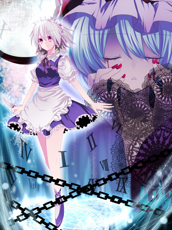kanaritsu (pixiv), kanaritu, izayoi sakuya, remilia scarlet, touhou, bad id, bad pixiv id, 2girls, blood, bloody tears, chain, dress, female focus, maid, multiple girls, tears