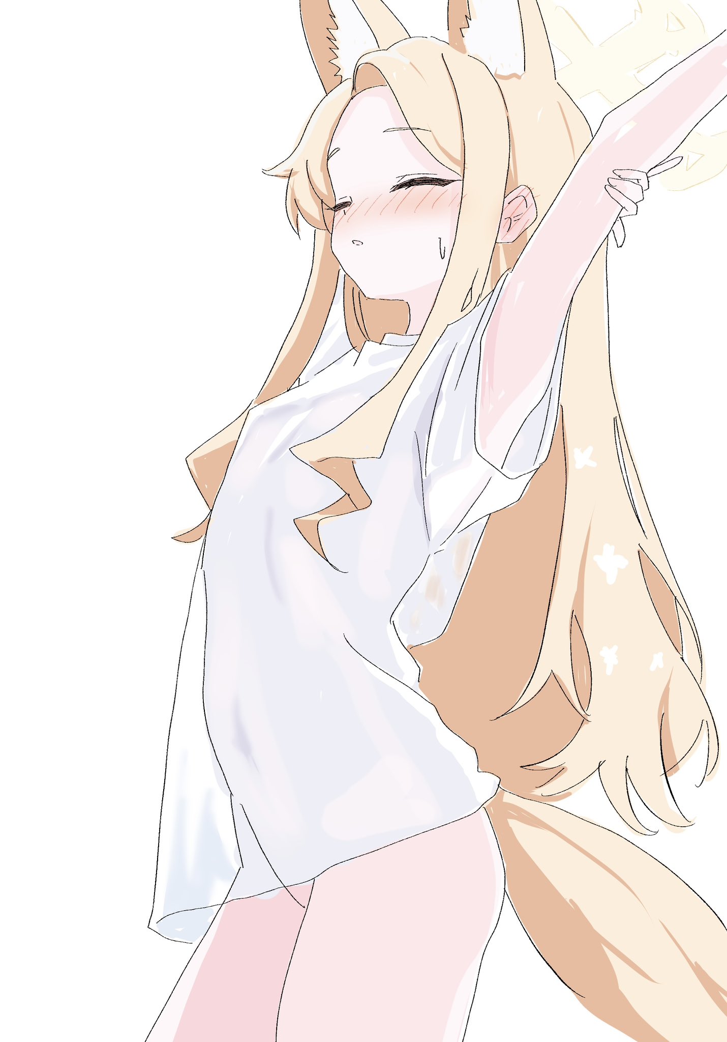 kamitosayu, seia (blue archive), blue archive, highres, 1girl, animal ear fluff, animal ears, armpits, arms up, ass, blonde hair, blush, bottomless, breasts, closed eyes, clothing cutout, cowboy shot, ear blush, facing to the side, forehead, fox ears, fox tail, halo, light blush, long hair, navel cutout, no panties, parted bangs, parted lips, shirt, short sleeves, simple background, small breasts, solo, stretching, sweatdrop, t-shirt, tail, thighs, white background, white shirt, yellow halo