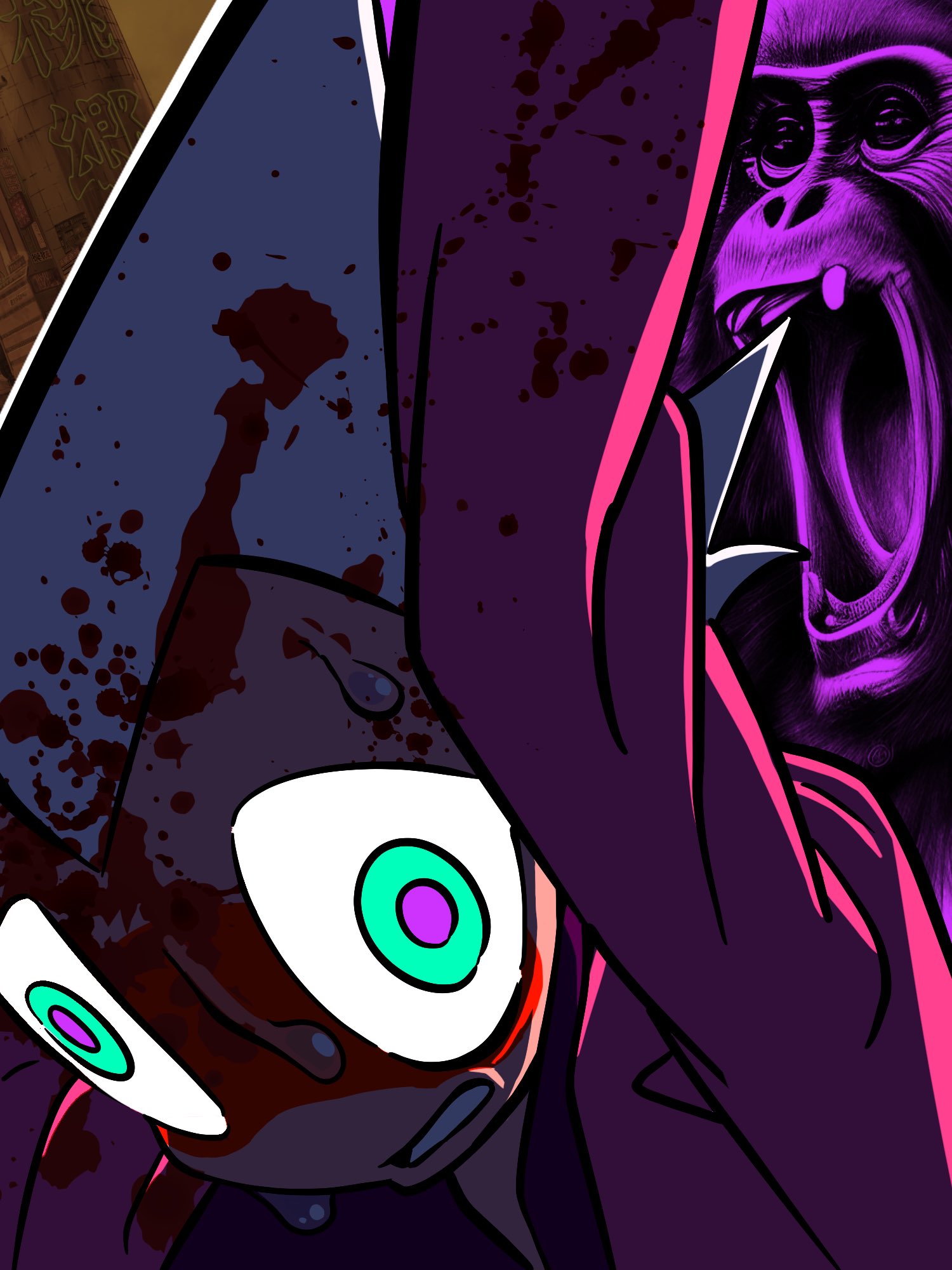 shimatsuku, ai-assisted, commentary request, highres, 1boy, ai-generated background, animal background, arms up, blazer, blood, blood on face, blood splatter, countdown illustration, ete (jouzai), green eyes, grimace, jacket, jouzai (song), long sleeves, male focus, monkey, multicolored eyes, pink jacket, portrait, purple background, purple eyes, solo, spiked hair, sweat, two-tone eyes, white hair, wide-eyed