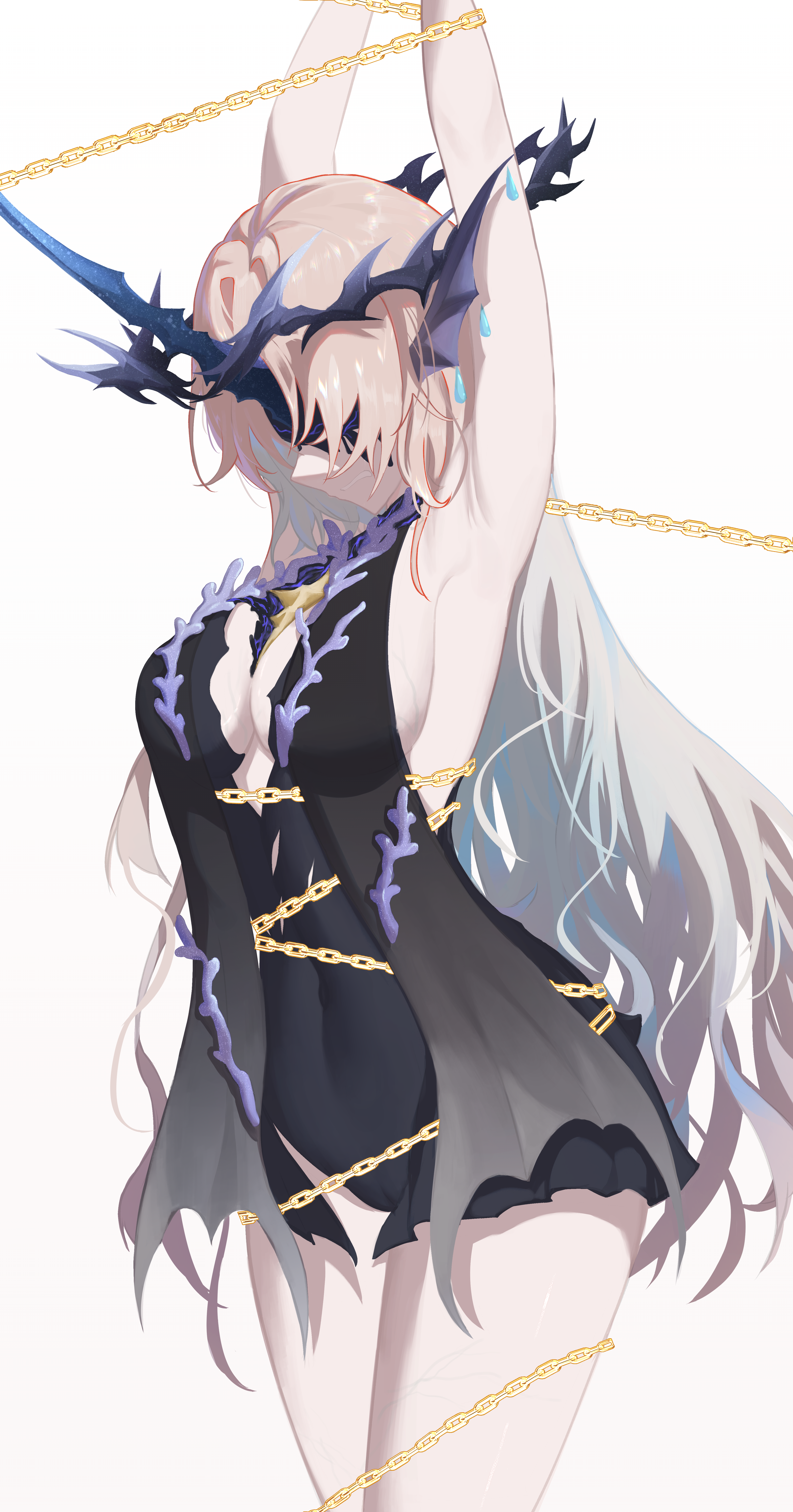 lany-yuyu-1097, leviathan (wuthering waves), wuthering waves, absurdres, commentary, highres, 1girl, armpits, arms up, black dress, black tabard, blonde hair, blue horns, bound, breasts, chain, clenched teeth, covered navel, cowboy shot, dress, gradient hair, grey hair, horns, large breasts, long hair, long horns, multicolored hair, single horn, solo, tabard, teeth, thighs, very long hair, white background