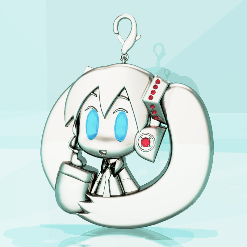 k2ko, hatsune miku, vocaloid, 1girl, 3d, :o, ahoge, blue background, blush, bow, bowtie, charm (object), cup, female focus, headgear, holding, looking at viewer, monochrome, parted lips, simple background, solo