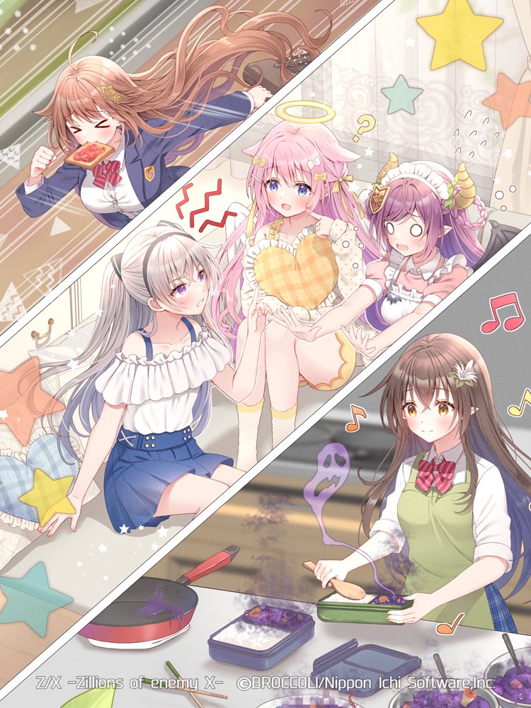 serino itsuki, z/x, official art, > <, 0 0, 5boys, ?, ahoge, annoyed, apron, aura, bag, beamed eighth notes, bento, black hair, blazer, blue eyes, blue jacket, blue skirt, bow, bowtie, braid, braided hair rings, bread, bread slice, brown hair, brown horns, censored, chopsticks, clenched teeth, copyright notice, curtains, cushion, dark aura, demon horns, eighth note, feathered wings, flower, flying sweatdrops, food, food in mouth, frying pan, green apron, grey hair, hair between eyes, hair bow, hair flower, hair ornament, hair ribbon, hair rings, halo, heart cushion, holding, holding bag, holding bento, holding cushion, horns, jacket, jam, kneehighs, maid headdress, marie (z/x), mosaic censoring, motion lines, mouth hold, multiple boys, multiple girls, musical note, nu (z/x), open clothes, open jacket, pecteilis, pink hair, pink shirt, pointing, pointing at self, pointing up, pointy ears, prism (z/x), purple eyes, purple hair, red bow, red bowtie, ribbon, running, school uniform, shamoji, shirt, shorts, skirt, smile, socks, speed lines, split screen, star (symbol), star hair ornament, teeth, toast, toast in mouth, traditional halo, ugly (z/x), white apron, white bow, white shirt, white wings, wings, yellow bow, yellow eyes, yellow ribbon, yellow shorts