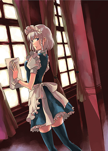 hachimoto, izayoi sakuya, touhou, silver hair, bad id, bad pixiv id, 1girl, braid, female focus, short hair, solo, thighhighs, twin braids