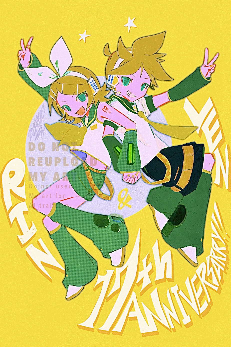 sasatake (sasatakebe), kagamine len, kagamine rin, vocaloid, highres, 1boy, 1girl, :d, anniversary, aqua eyes, black shorts, blonde hair, bow, character name, detached sleeves, full body, green sailor collar, green shorts, grin, hair bow, hair ornament, hairpin, headset, interlocked fingers, leg warmers, looking at viewer, midair, multiple hairpins, navel, neckerchief, necktie, no nose, open mouth, sailor collar, shoes, short hair, shorts, smile, v, watermark, white bow, white shoes, yellow neckerchief, yellow necktie, yellow trim