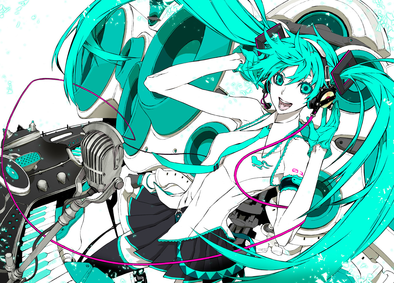 miwa shirow, hatsune miku, melt (vocaloid), vocaloid, 1girl, female focus, gloves, green eyes, green hair, headphones, instrument, keyboard, keyboard (instrument), long hair, matching hair/eyes, microphone, microphone stand, necktie, solo, speaker, synthesizer, thighhighs, twintails, very long hair