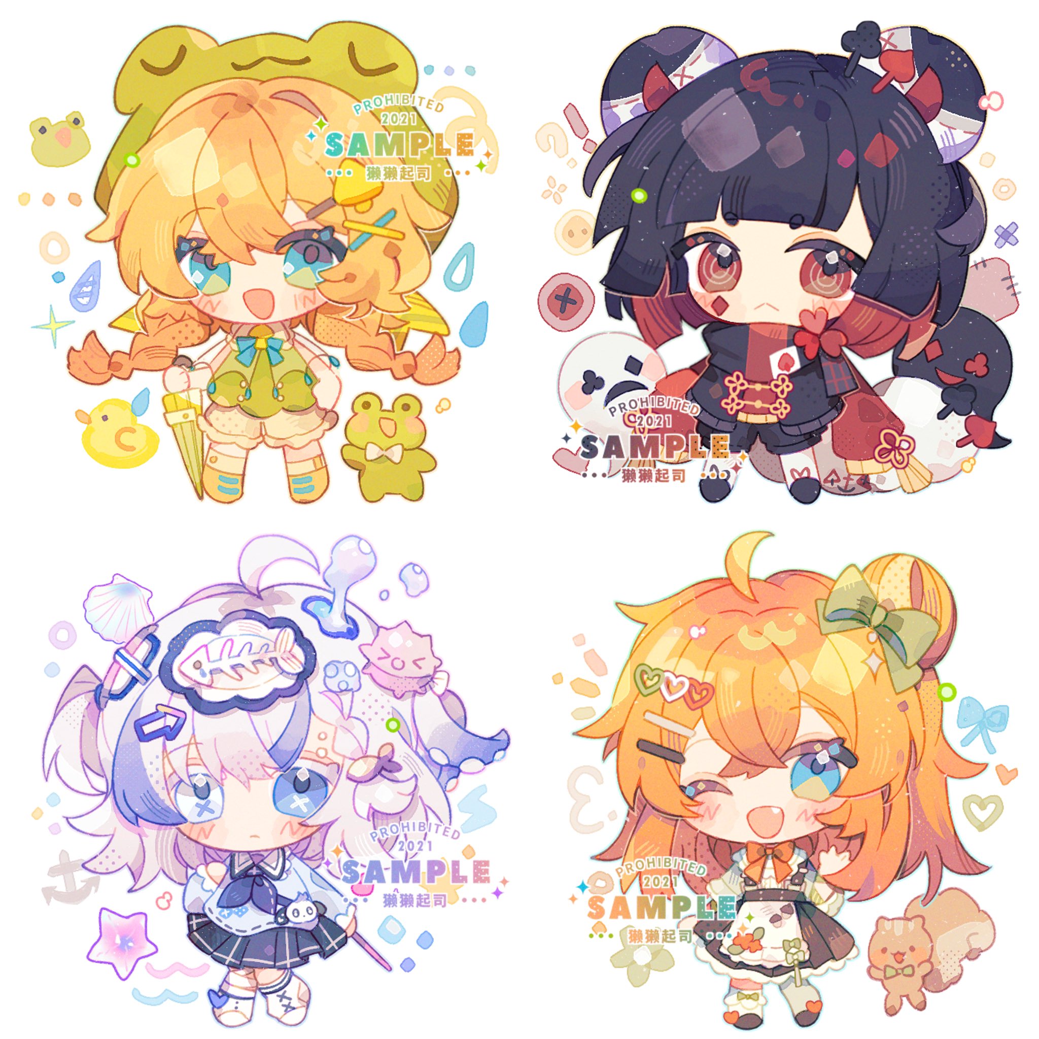 mirta, original, commentary, commission, hashtag-only commentary, highres, 4girls, :d, ;d, animal ears, bear ears, bear girl, black hair, black jacket, black shorts, blue eyes, blue hair, blue neckerchief, blue shirt, blunt bangs, blush stickers, braid, brown shoes, brown skirt, chibi, chibi only, closed mouth, facing viewer, fang, frilled skirt, frills, frog, frog hat, full body, green hat, hat, heterochromia, holding, holding umbrella, jacket, long hair, multicolored hair, multiple girls, neckerchief, one eye closed, open mouth, orange hair, pleated skirt, red eyes, shirt, shoes, short hair, shorts, simple background, skirt, smile, standing, thick eyebrows, twin braids, two-tone hair, umbrella, watermark, white background, white eyes, white hair, yellow shoes