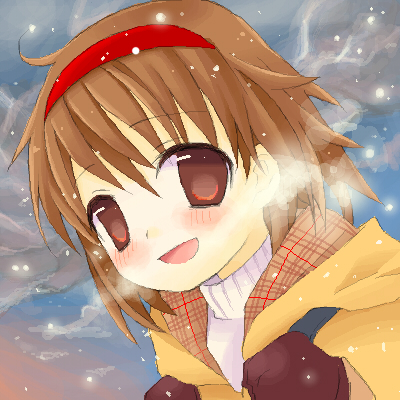 sobako, tsukimiya ayu, kanon, bad id, bad pixiv id, lowres, backpack, bag, breath, brown hair, mittens, oekaki, randoseru, red eyes, short hair, snow, solo