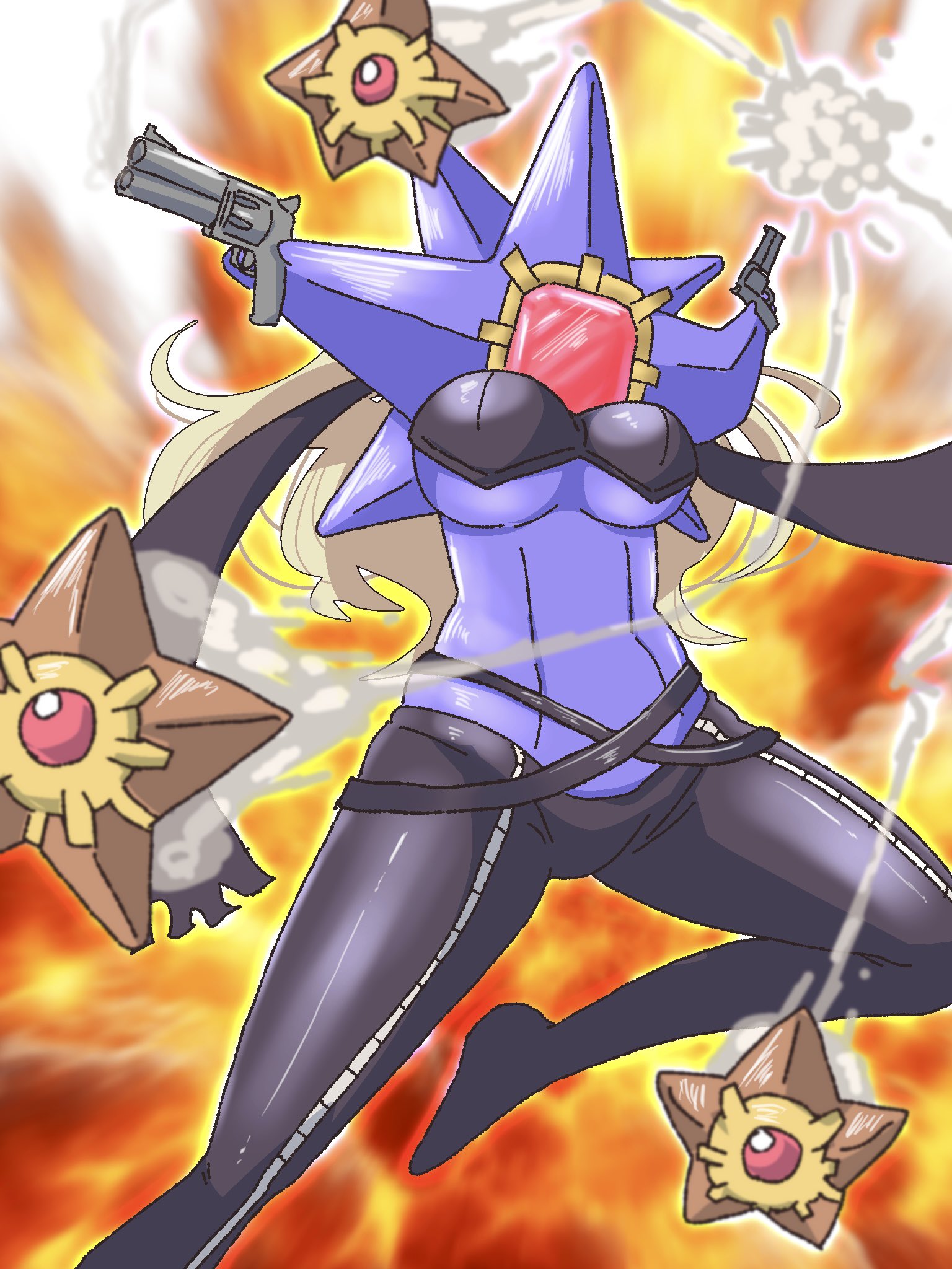 echieichi, beelstarmon, mega starmie, starmie, staryu, digimon, nintendo, pokemon, translation request, 1girl, 3others, beelstarmon (cosplay), breasts, cosplay, fusion, gen 1 pokemon, gun, holding, holding gun, holding weapon, jumping, large breasts, lowleg, lowleg pants, mega pokemon, multiple others, name connection, no humans, other focus, pants, pokemon (creature), pokemon focus, pun, simple background, star (symbol), weapon, what, wide hips
